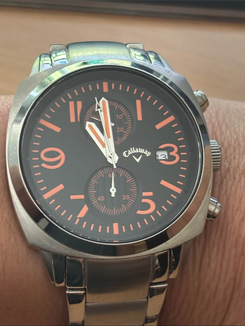 Callaway Black Dial Watch with Orange Accents and Silver Bracelet
